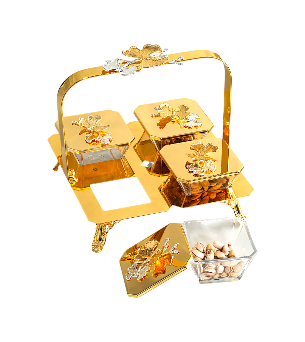 fancy glass bowl & lid 4pc with golden stand china 29020-4g