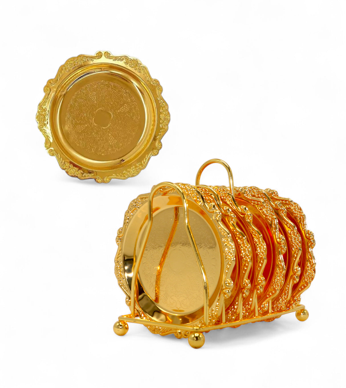ss tea coaster 6pc with stand golden china