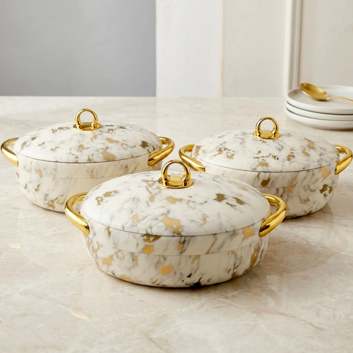 fancy hot pot 3pc oval white marble china ec915t