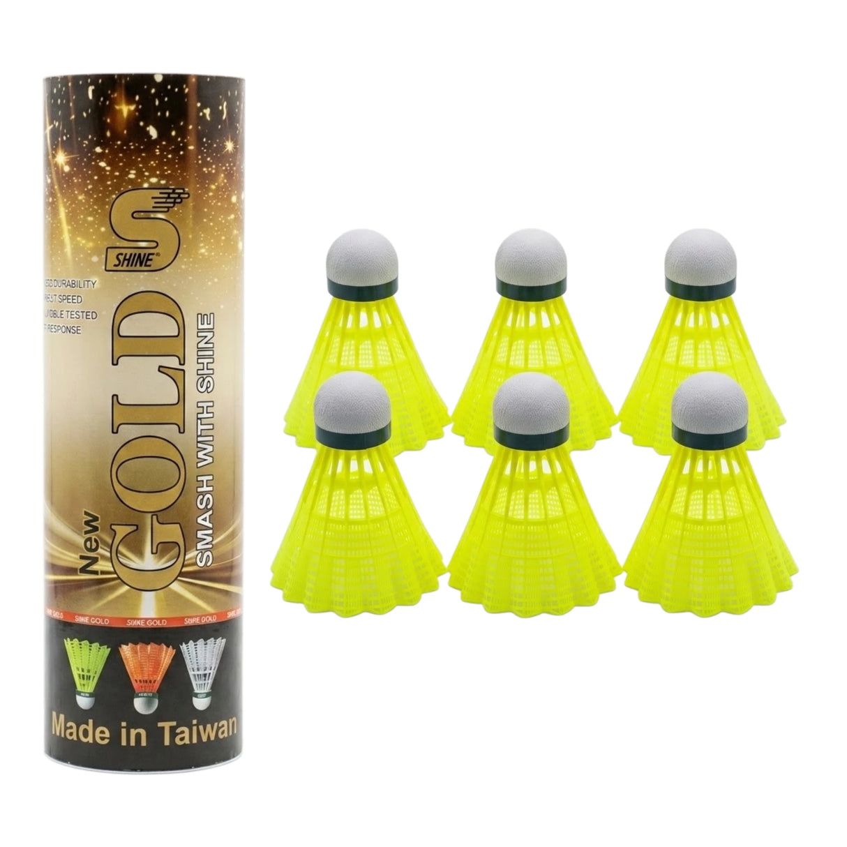BADMINTON SHUTTLE PLASTIC SHINE GOLD YELLOW 6PC BOX TAIWAN