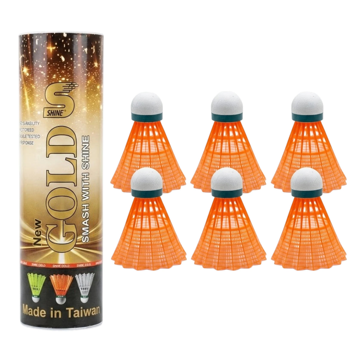BADMINTON SHUTTLE SHINE GOLD ORANGE 6PC BOX TAIWAN