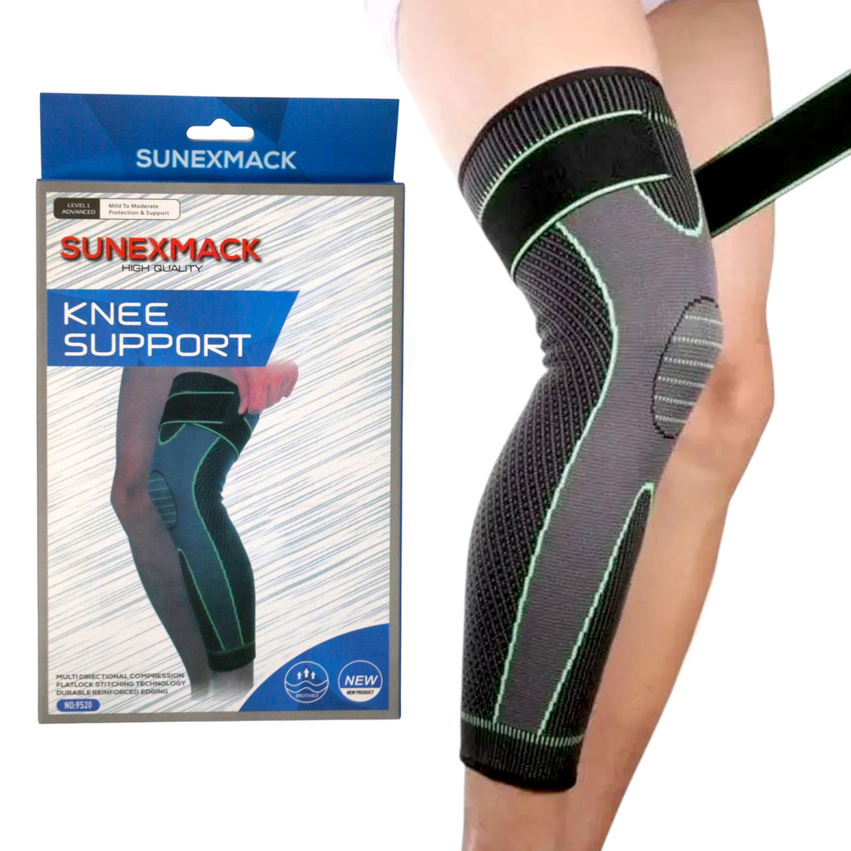 SUNEXMACK Long Knee Support Brace Breathable Compression Sleeve for Joint Pain Relief & Sports Protection
