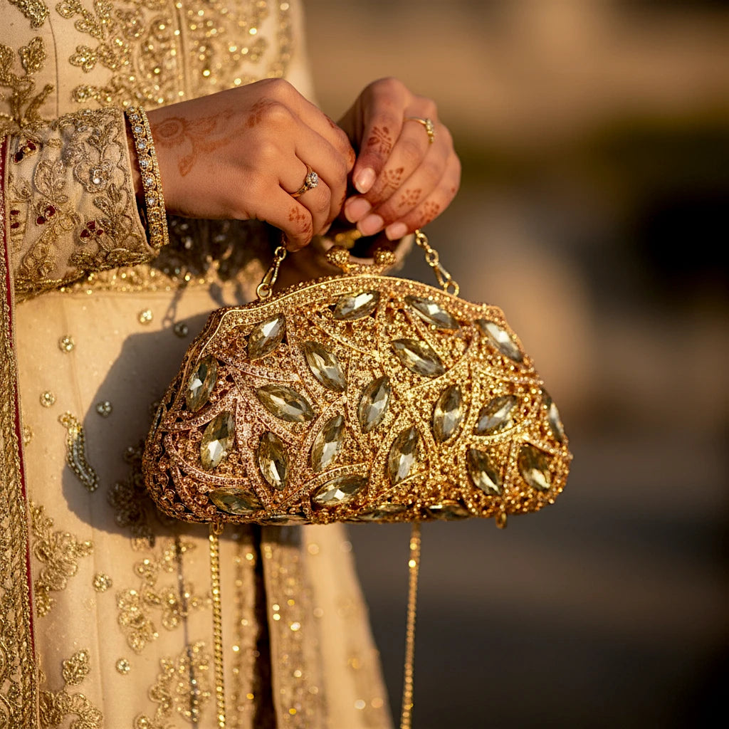 ladies bridal clutch metal golden stone china