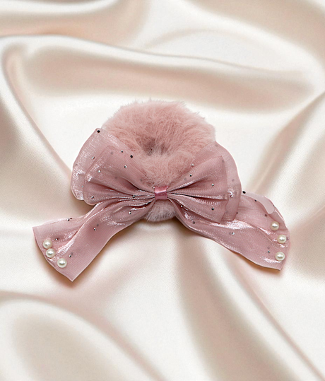 hair tie soft furr with silky bow mix color