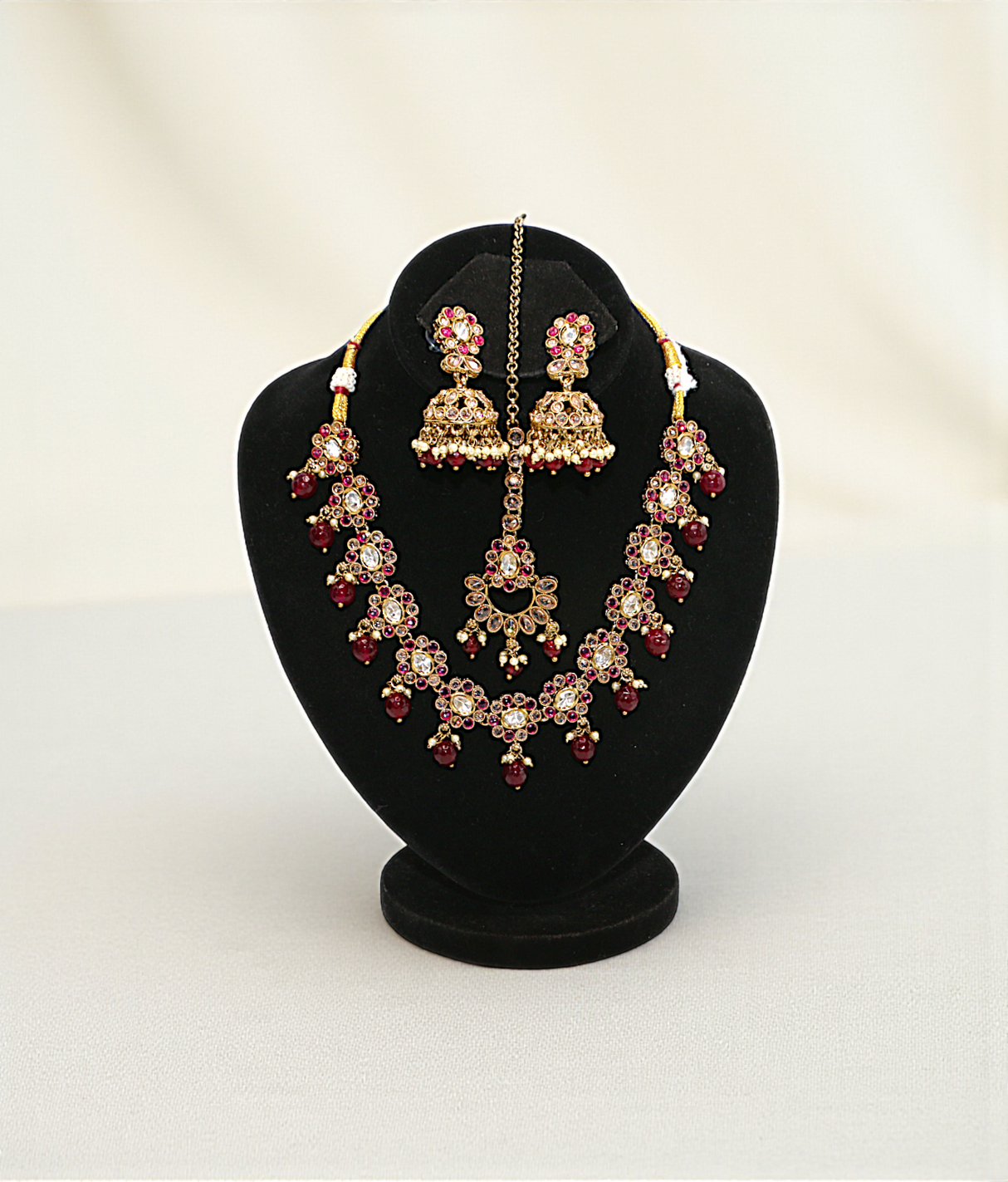 necklace set gold plated floral choker  red pearls