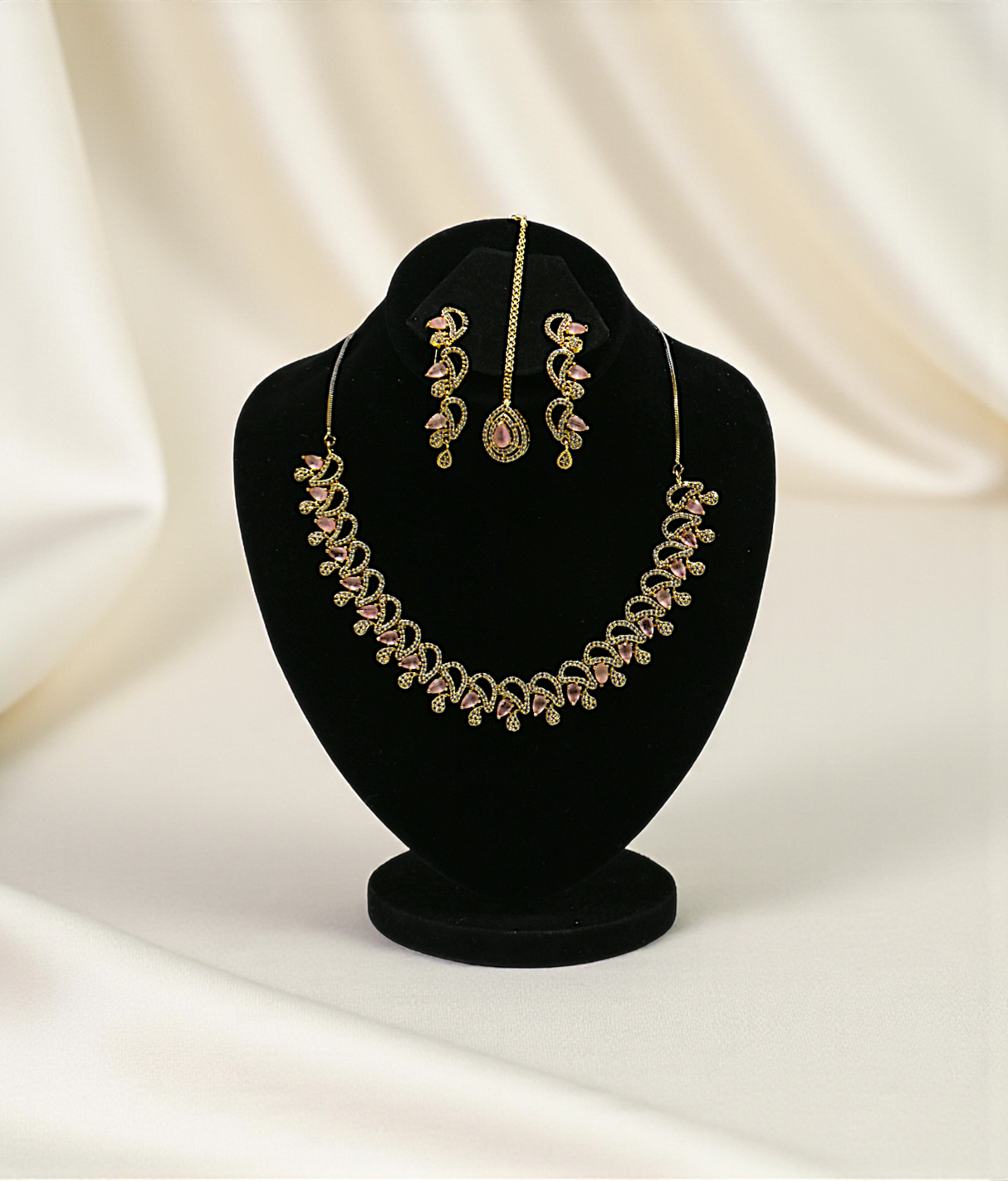 necklace set round gold plated pink stone