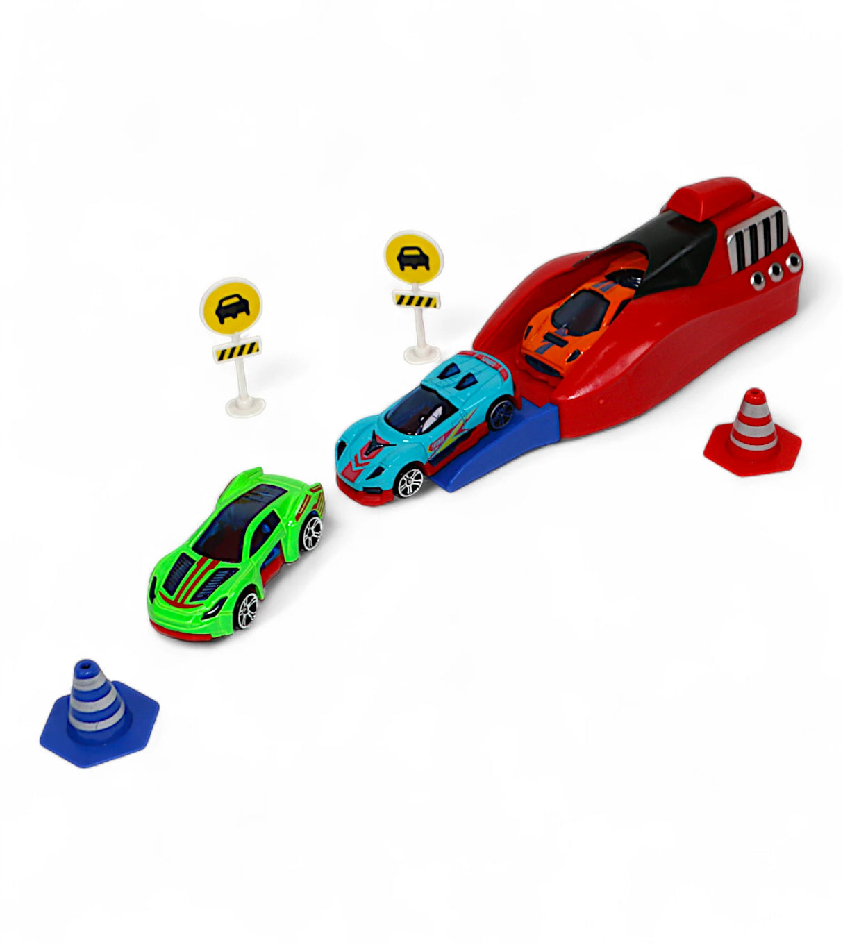 die-cast metal car set with launcher