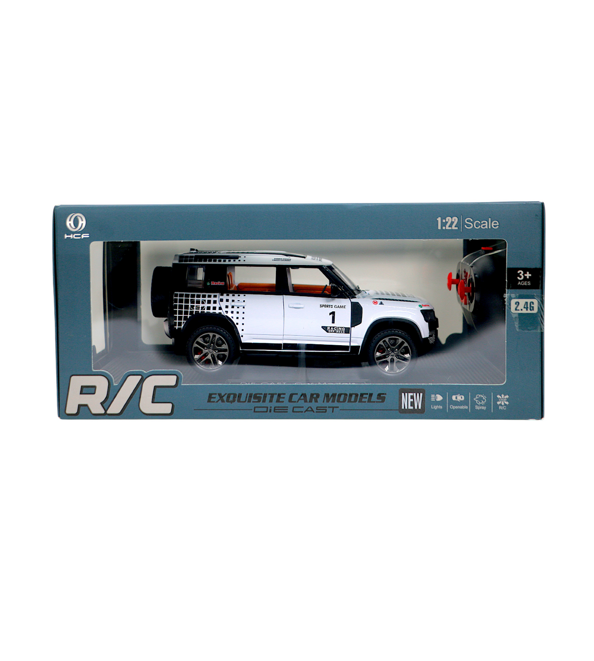 remote control die-cast metal jeep defender model 1:22 chargeable with spray, lights & usb