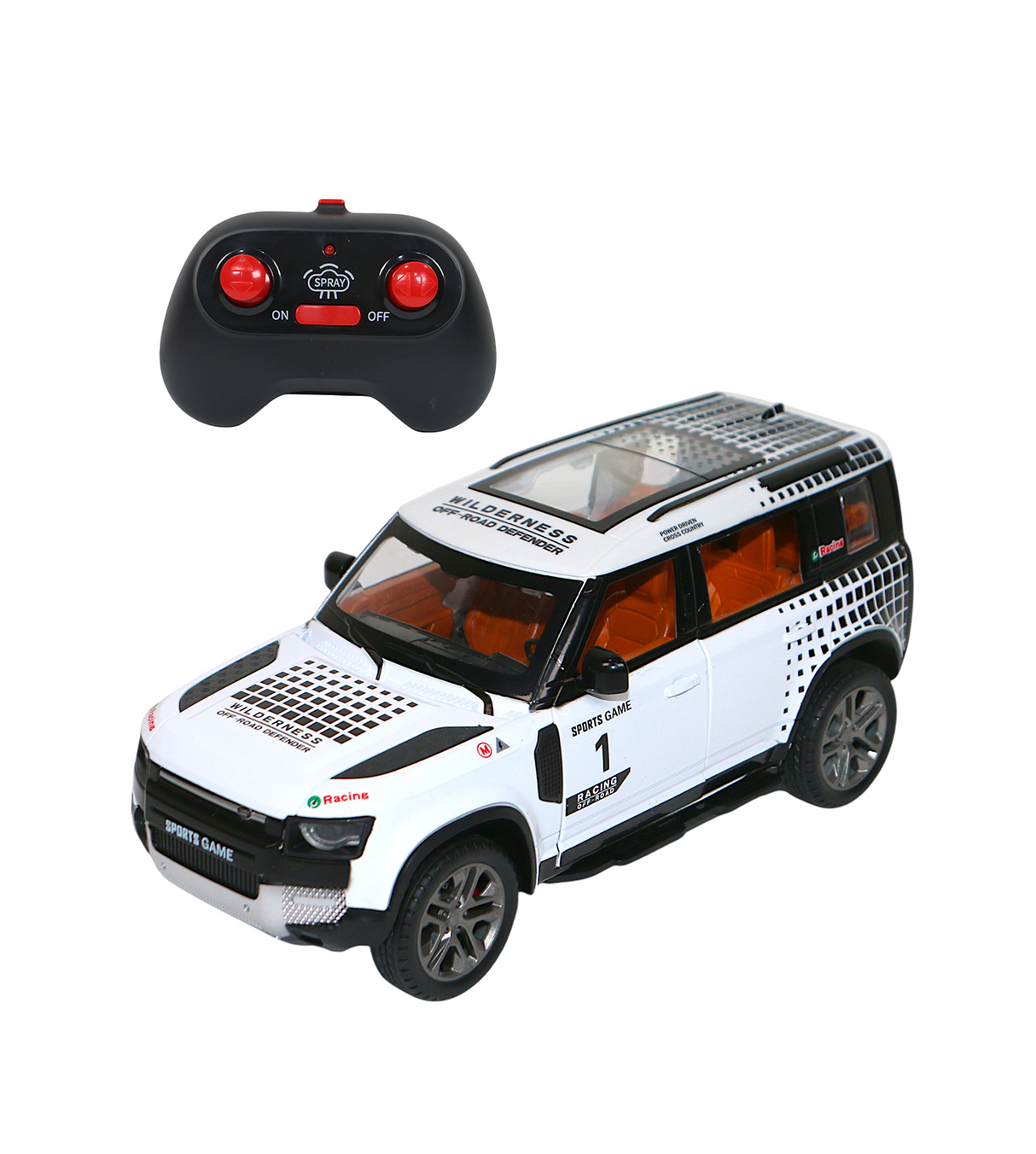remote control die-cast metal jeep defender model 1:22 chargeable with spray, lights & usb