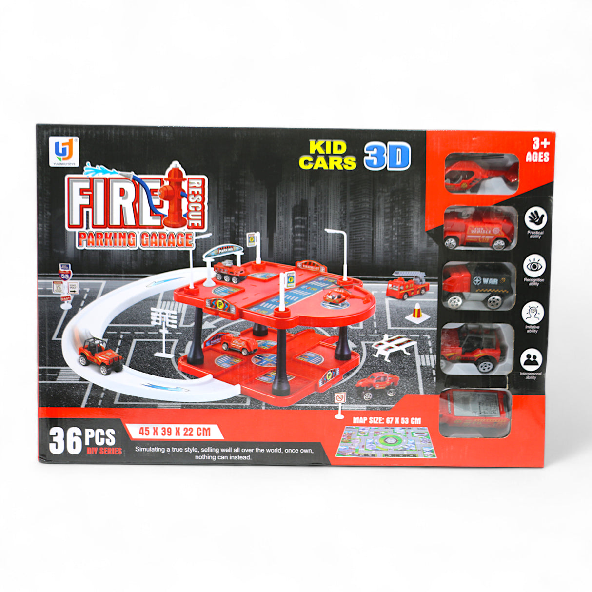 fire rescue parking track set 36pc with 5 vehicles 45x39x22cm t922