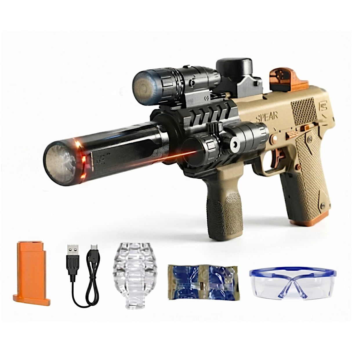 electric gel blaster orbeez gun m1911 chargeable with lights & spray