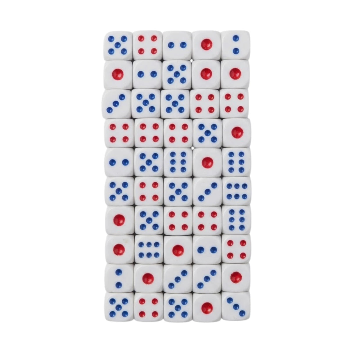 50-Piece Standard Six-Sided Game Dice Set – White D6 Playing Dice with Red & Blue Pips for Board Games & Math Learning