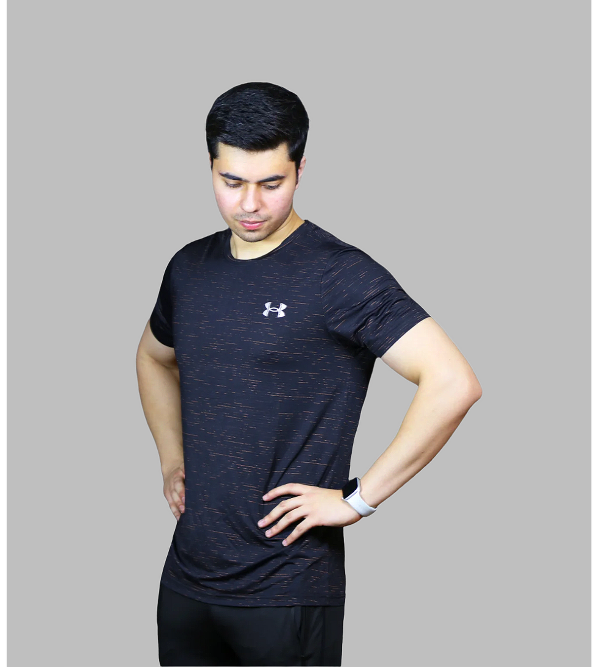 t shirt half sleeves under armour black with orange lines 711