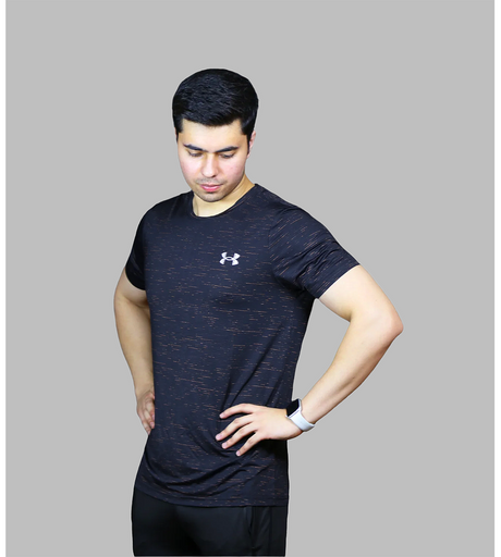 t shirt half sleeves under armour black with orange lines 711