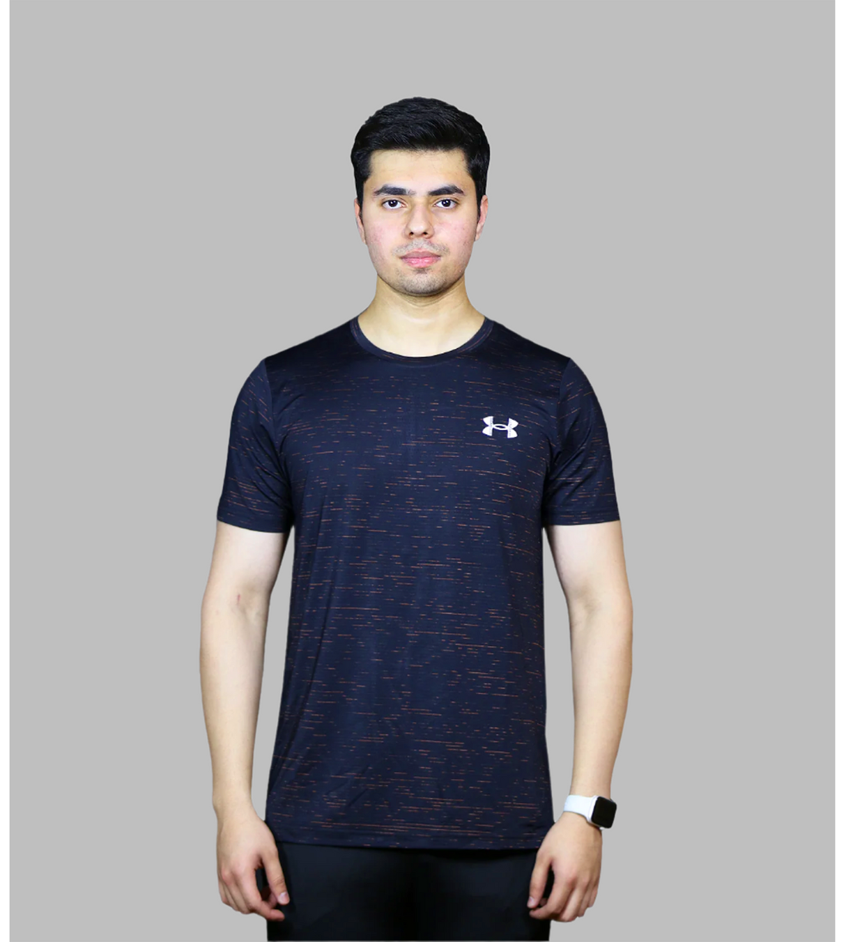 t shirt half sleeves under armour black with orange lines 711