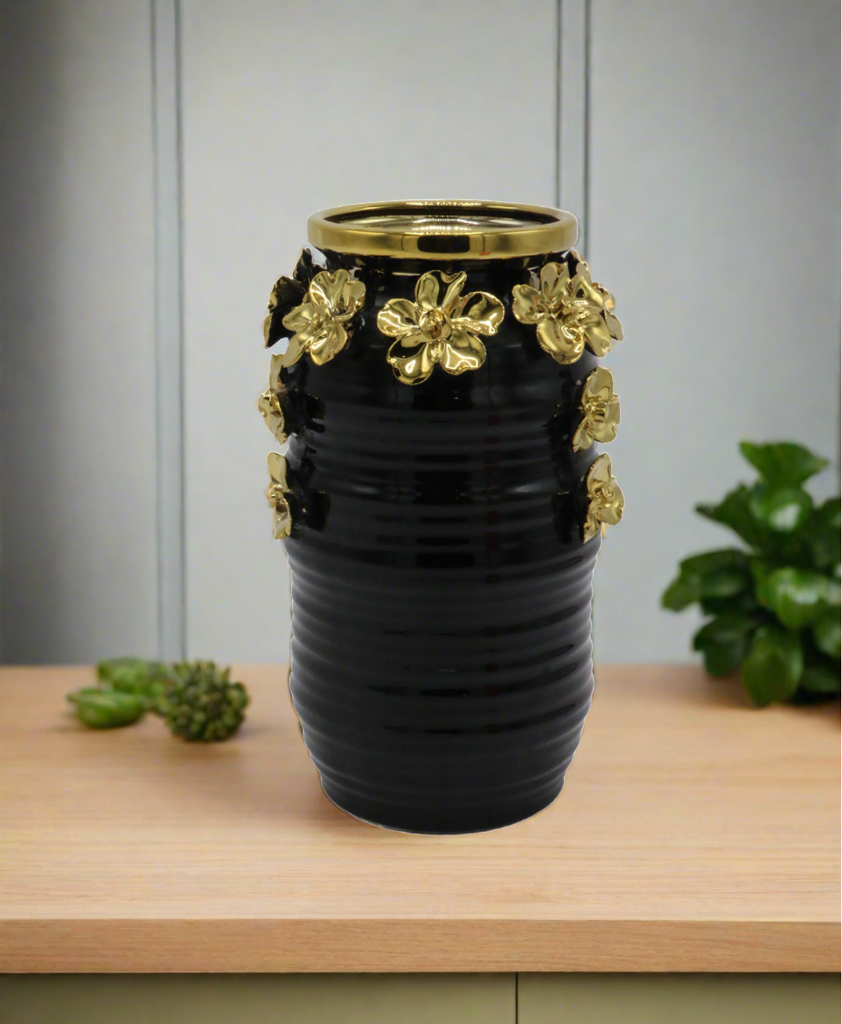 black ceramic vase embossed golden flower china 406