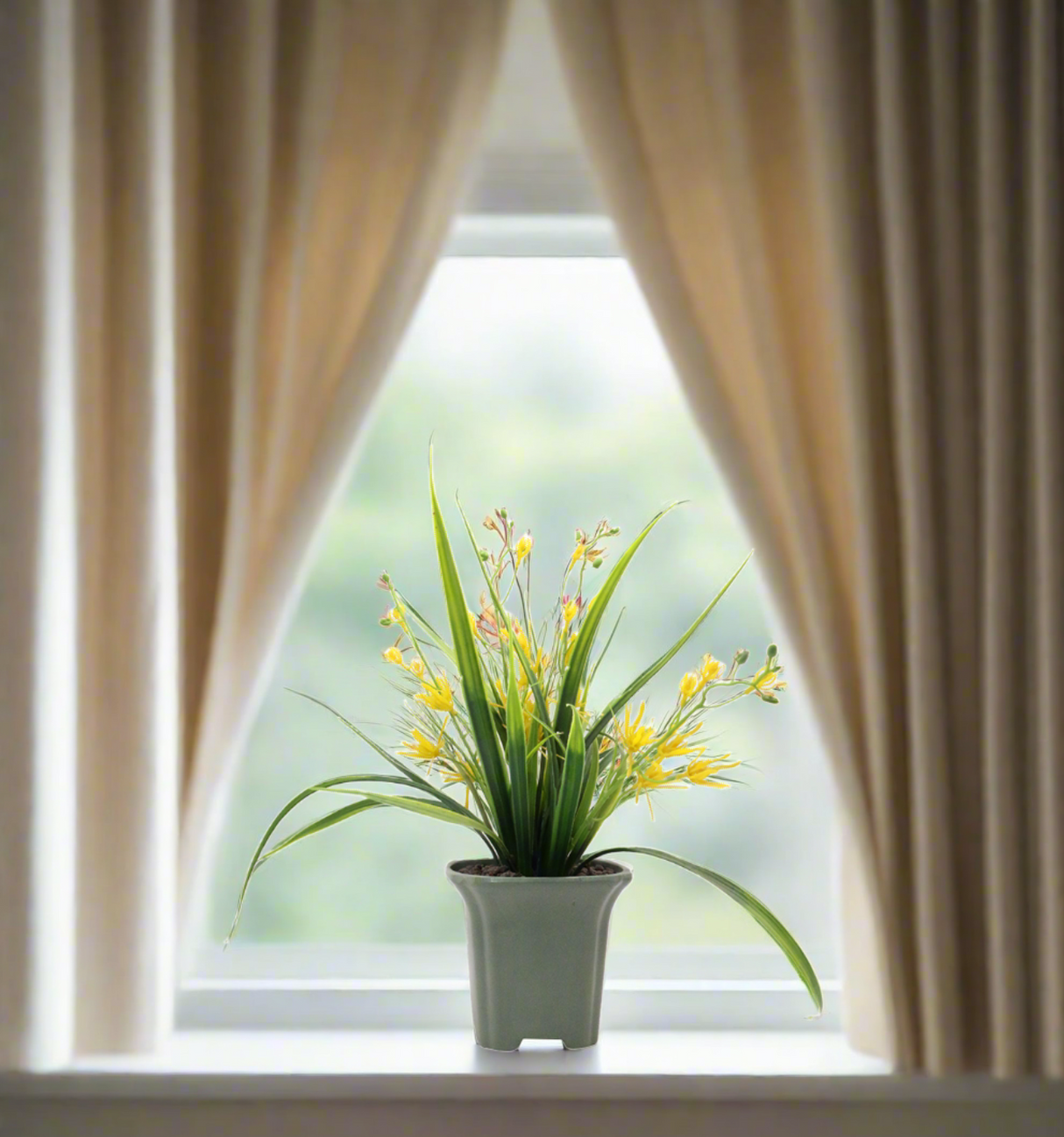 yellow flower & plastic pot 5.5"hx 17"w china d015