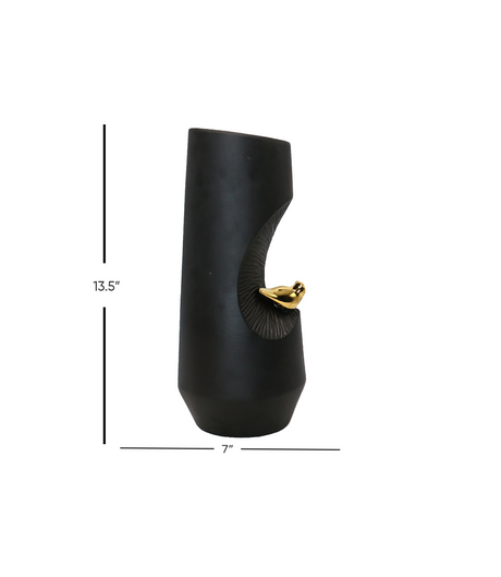 ceramic vase black with sparrow 13.5"x7" china d152