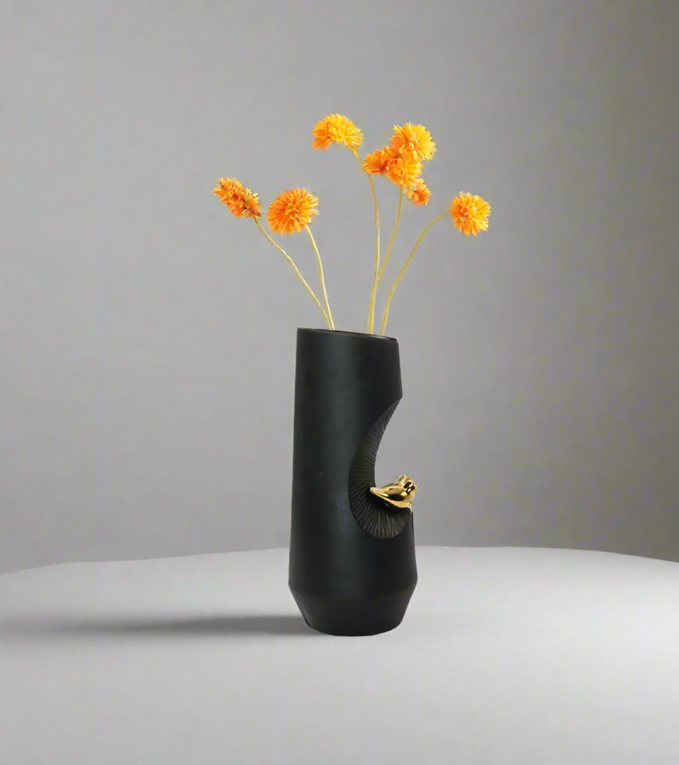 ceramic vase black with sparrow 13.5"x7" china d152