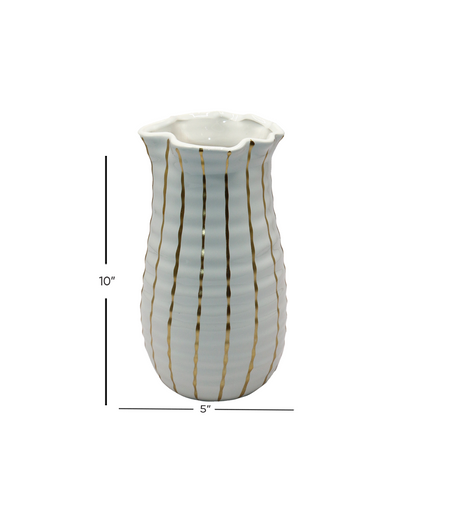 ceramic vase embossed 10"x 5" white golden line china d948