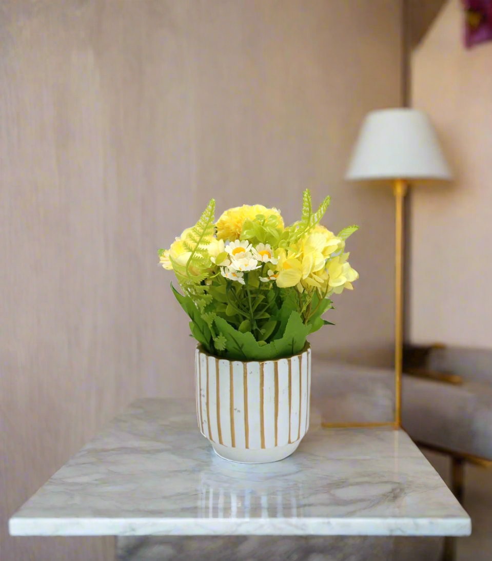 yellow flower with ceramic pot china