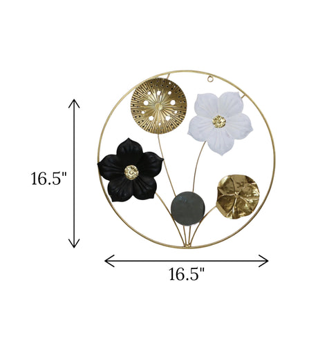 metal wall hanging flower & mirror round golden china 16.5x 16.5