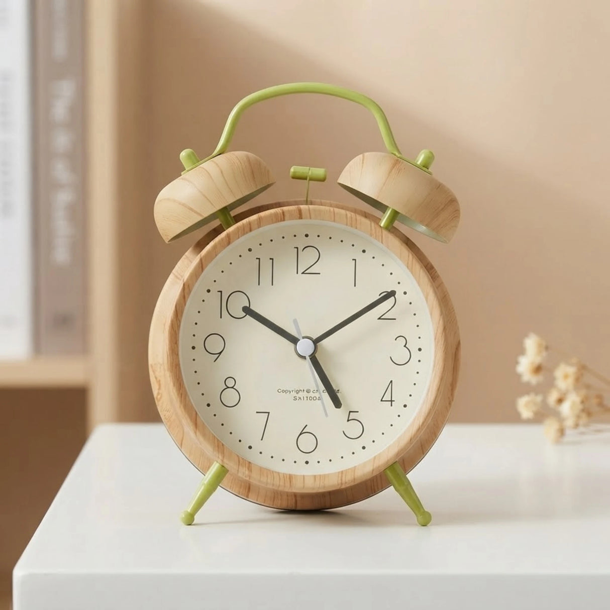 metal alarm clock light wood & green round 6"x4" china