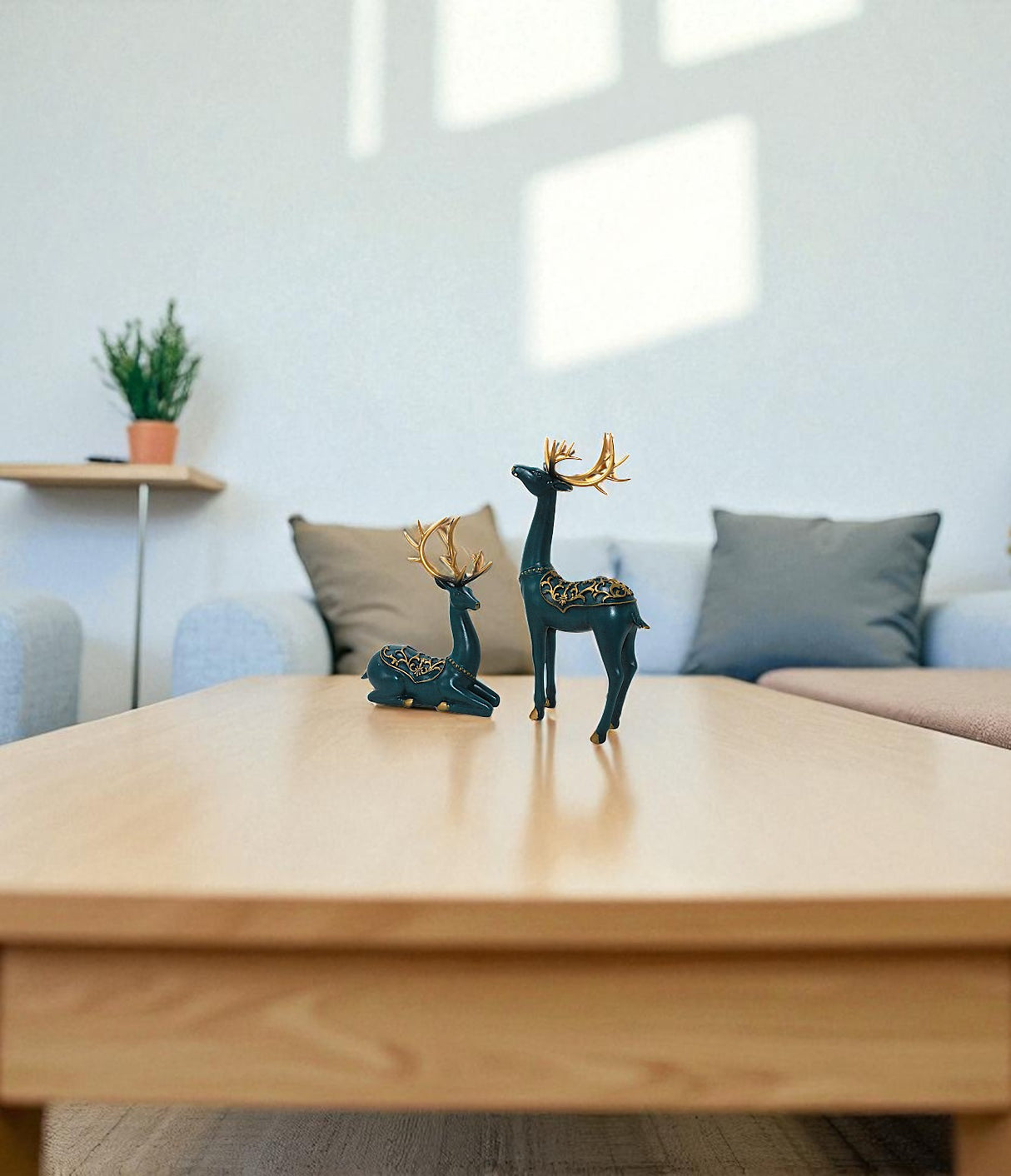 statue deer green 2pc china (13"x7",9"x7")