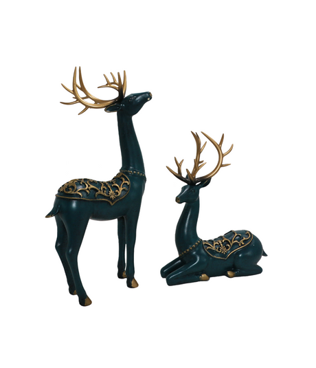statue deer green 2pc china (13"x7",9"x7")