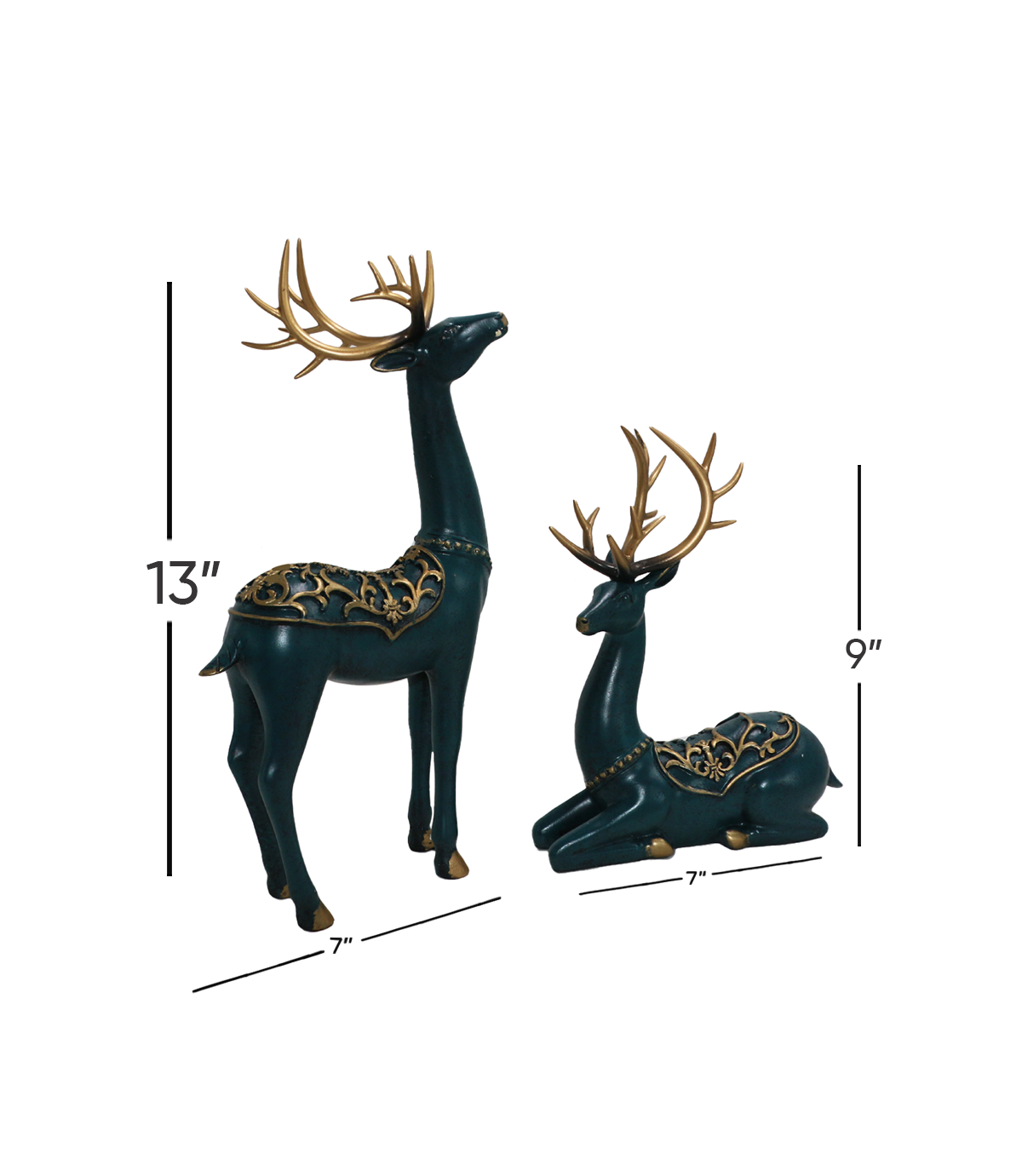 statue deer green 2pc china (13"x7",9"x7")