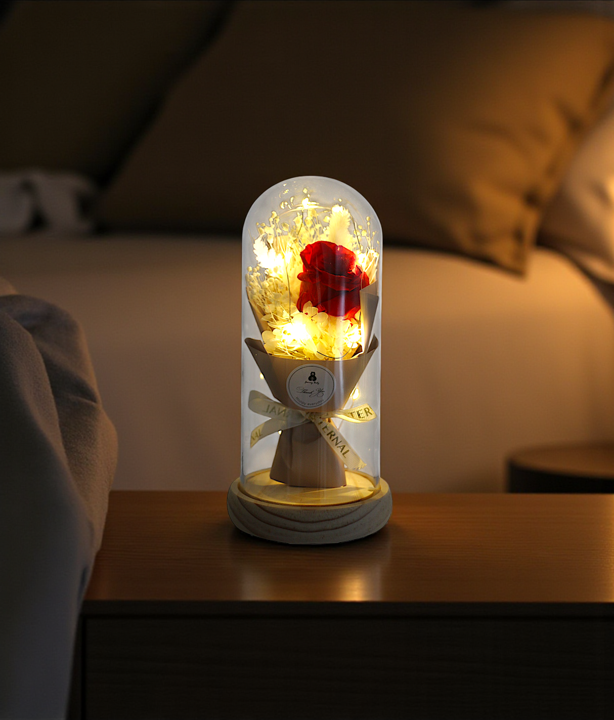 red flower bouquet in glass with led light china (8.5"x4")