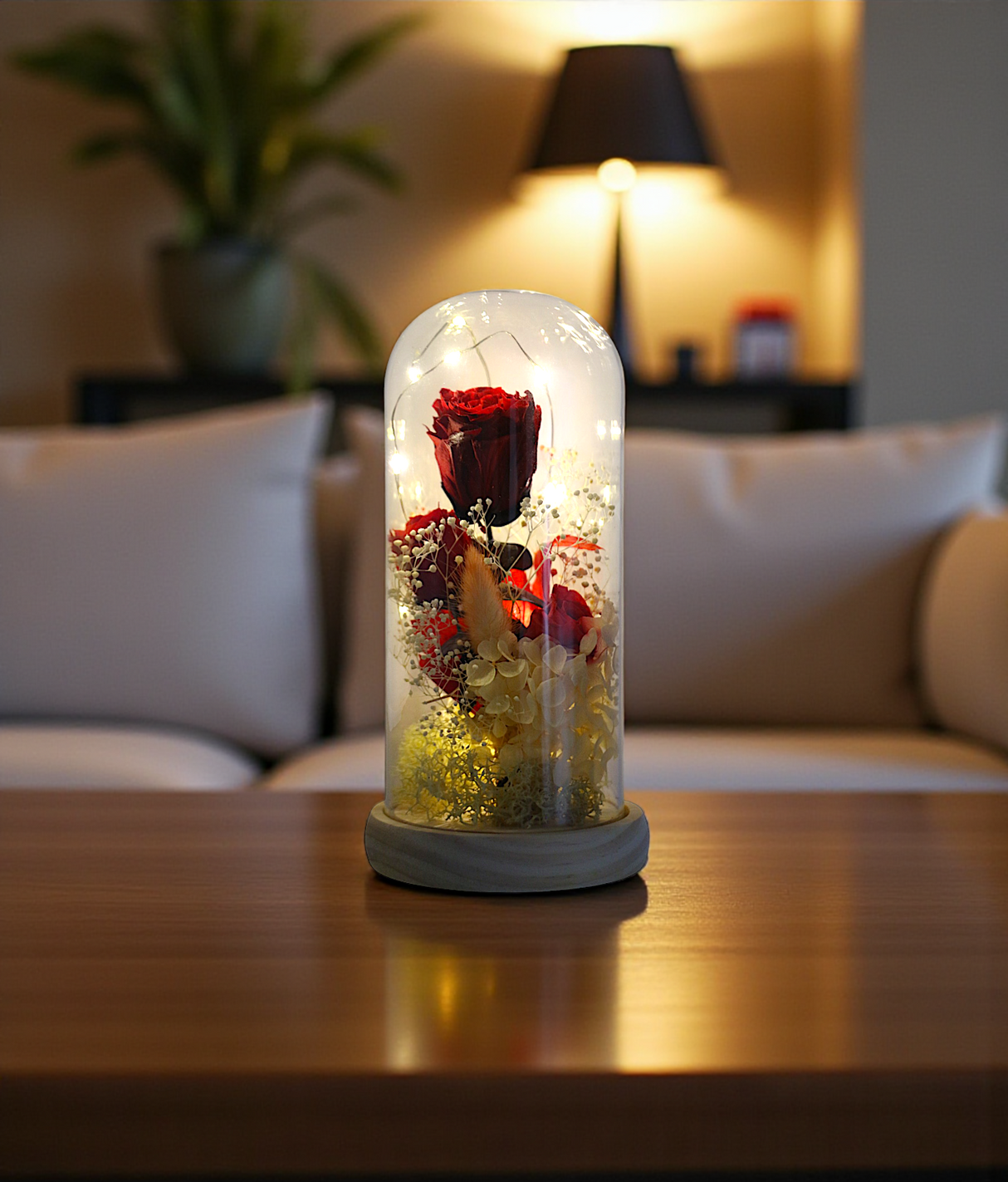 red flower in glass with led light china (8.5"x4")