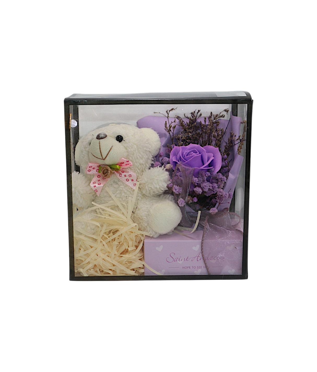 gift box teddy with purple flower bouquet china (7"x7")