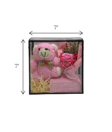 gift box teddy with pink flower bouquet china (7"x7")
