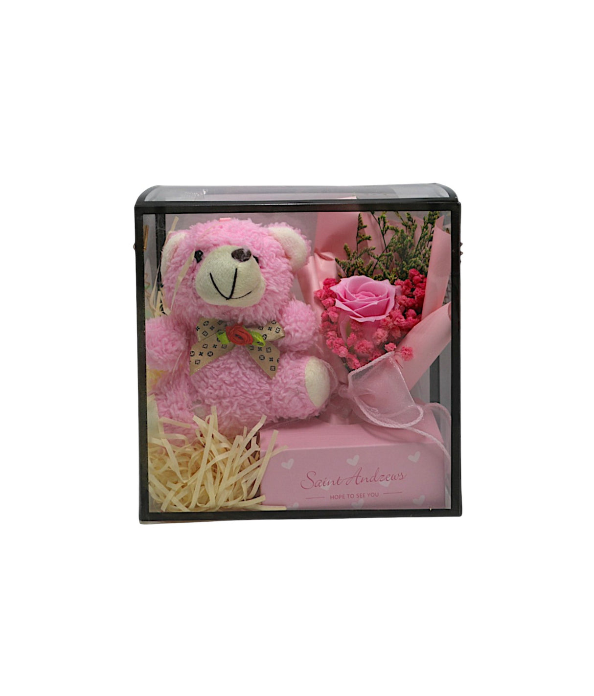 gift box teddy with pink flower bouquet china (7"x7")