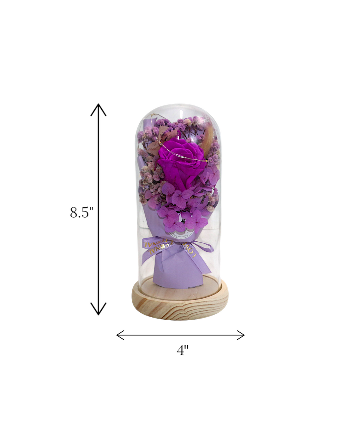 purple flower bouquet in glass with led light china (8.5"x4")