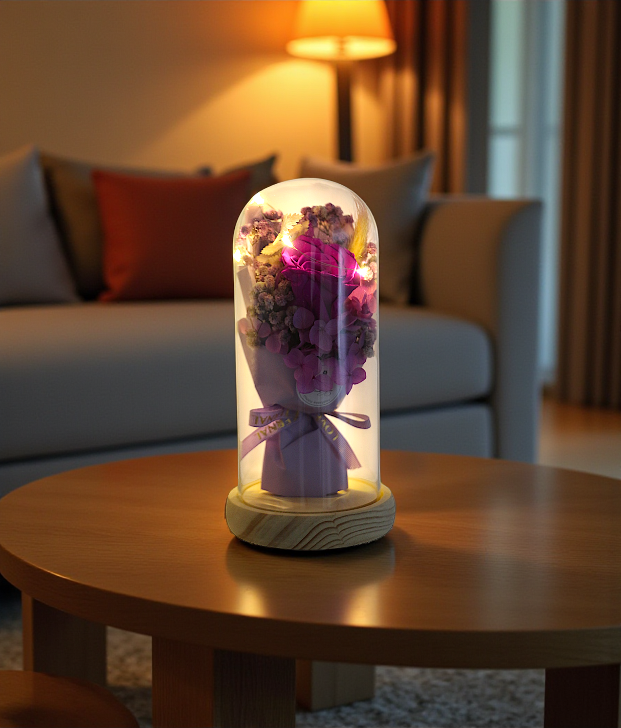 purple flower bouquet in glass with led light china (8.5"x4")