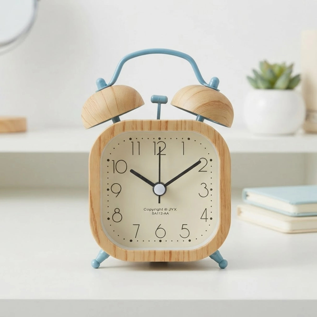 alarm clock wooden & blue square 5''x3'' china