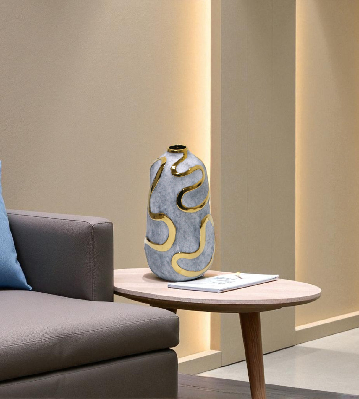 ceramic vase grey & golden wavy lines large china