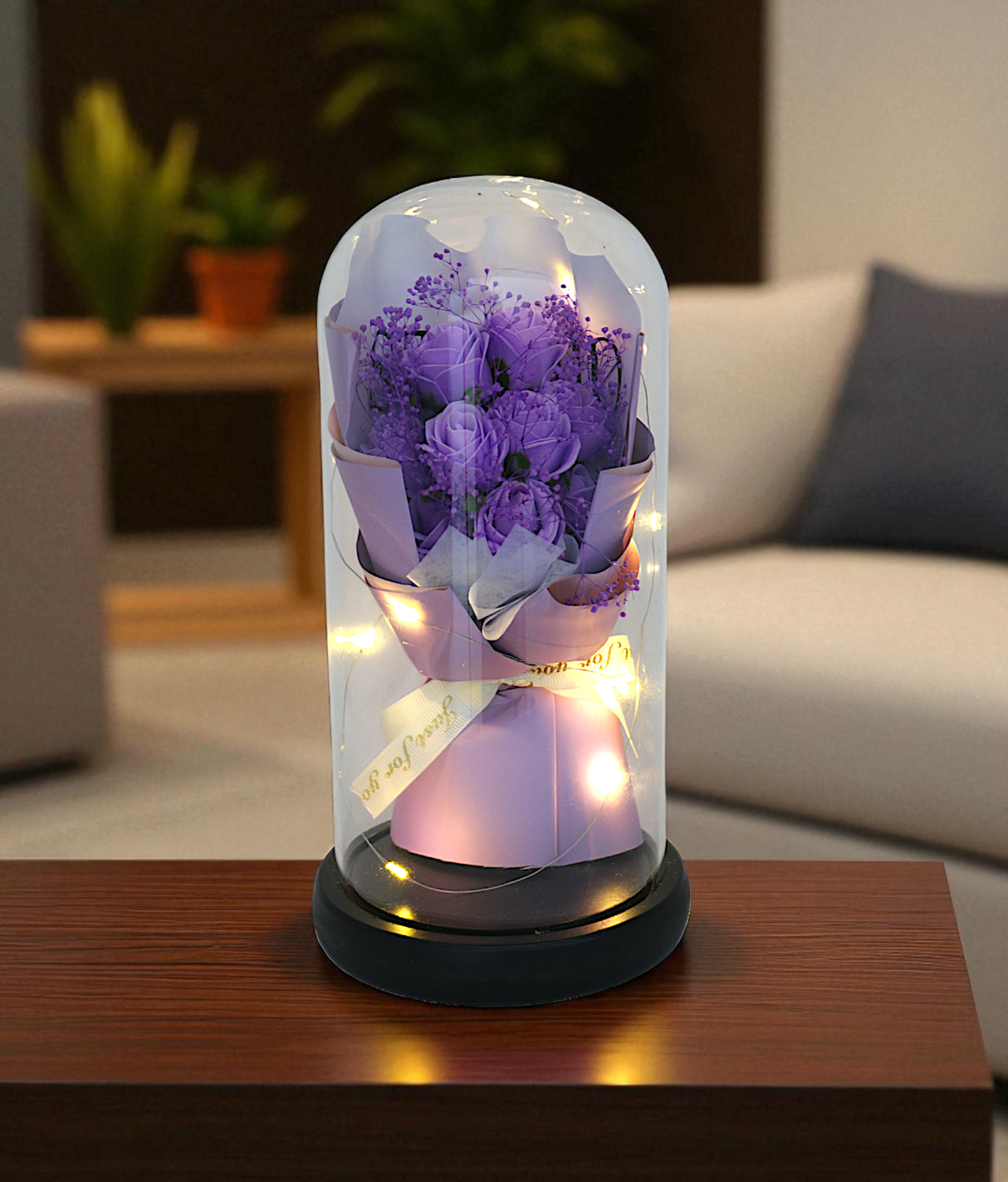 purple flower bouquet in glass china "11x5.4"
