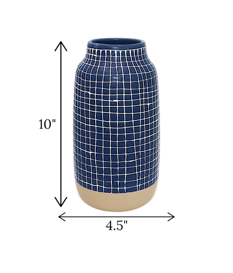 ceramic vase blue square texture china "10x4.5"