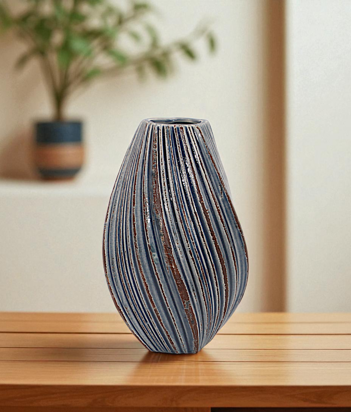 ceramic vase textured blue china "9x3"