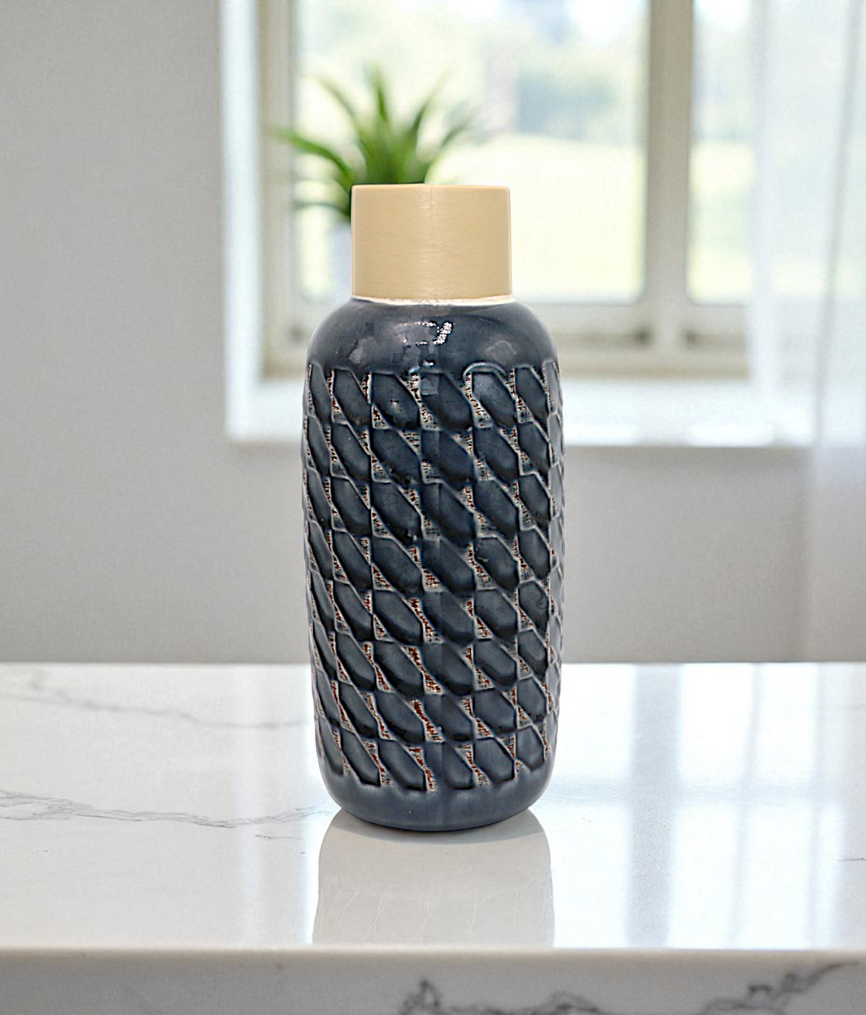 ceramic vase textured blue china "11x4"