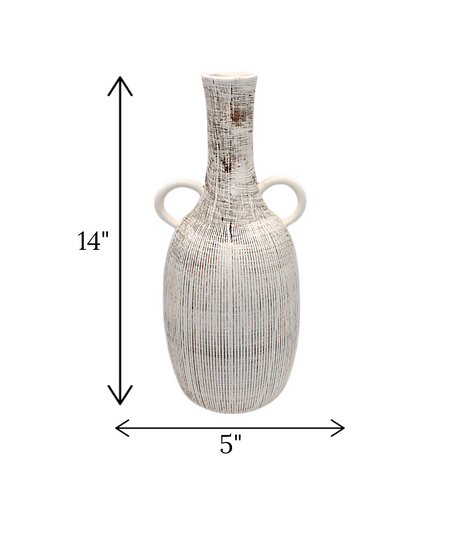 ceramic vase white textured with handle china "14x5"