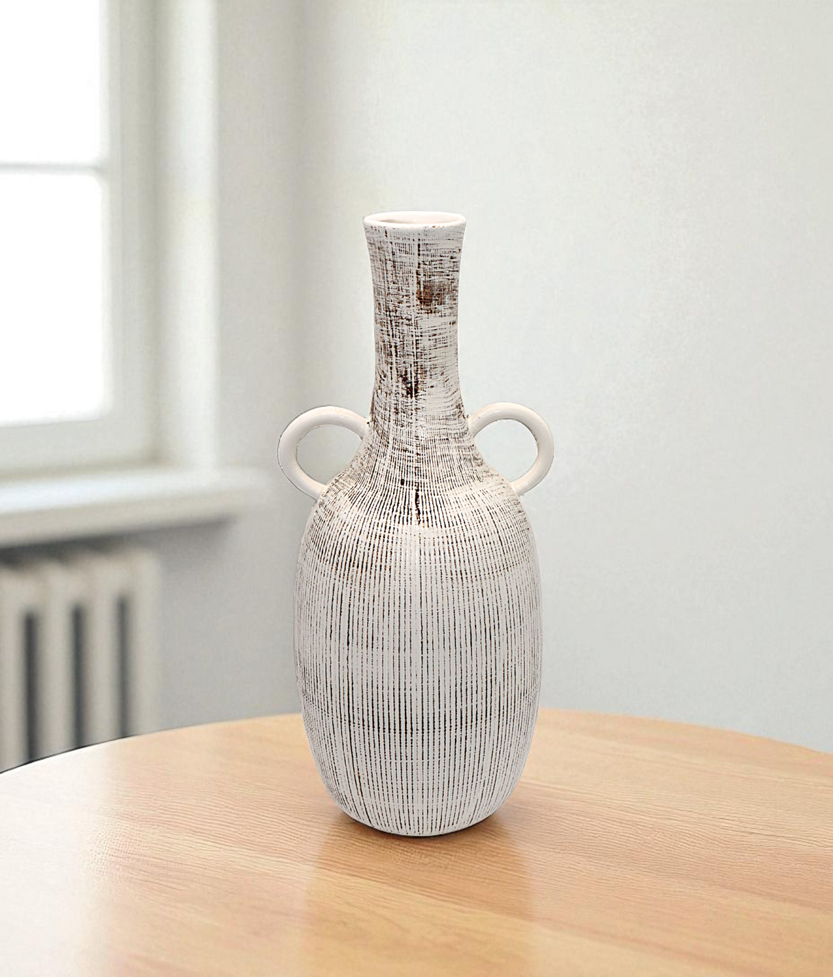 ceramic vase white textured with handle china "14x5"