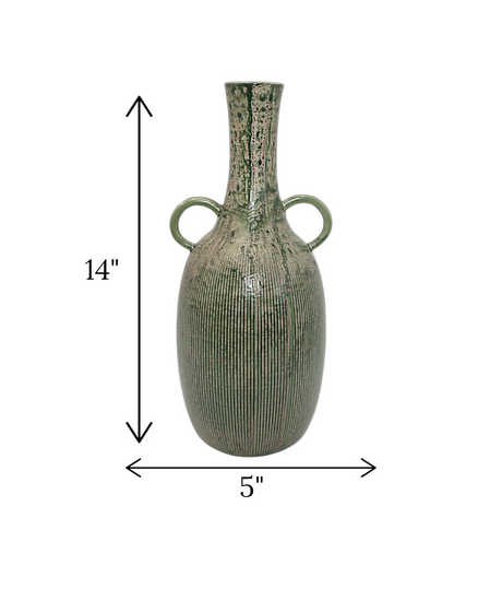 ceramic vase green textured with handle china "14x5"