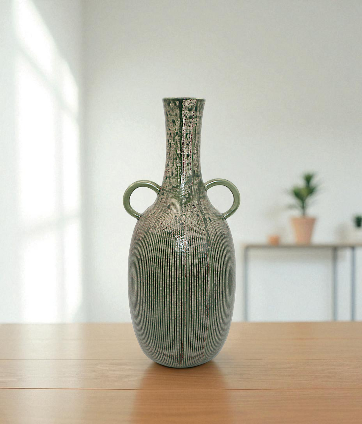 ceramic vase green textured with handle china "14x5"