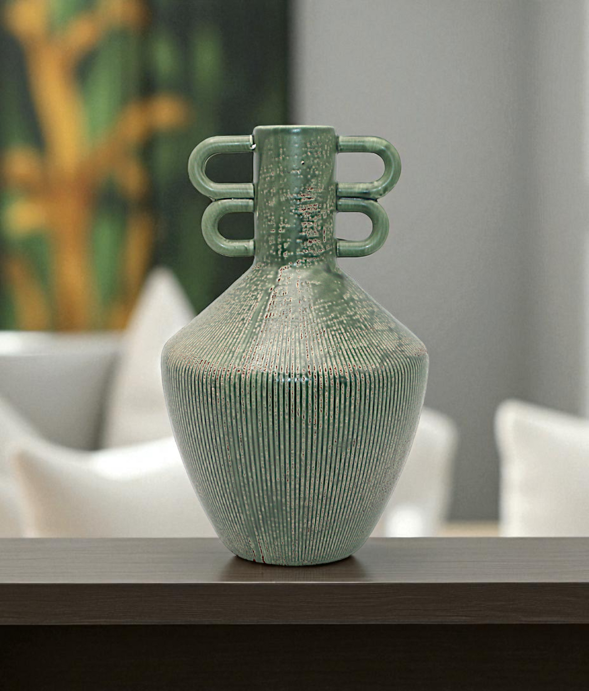 ceramic vase textured surahi green china "11x6"