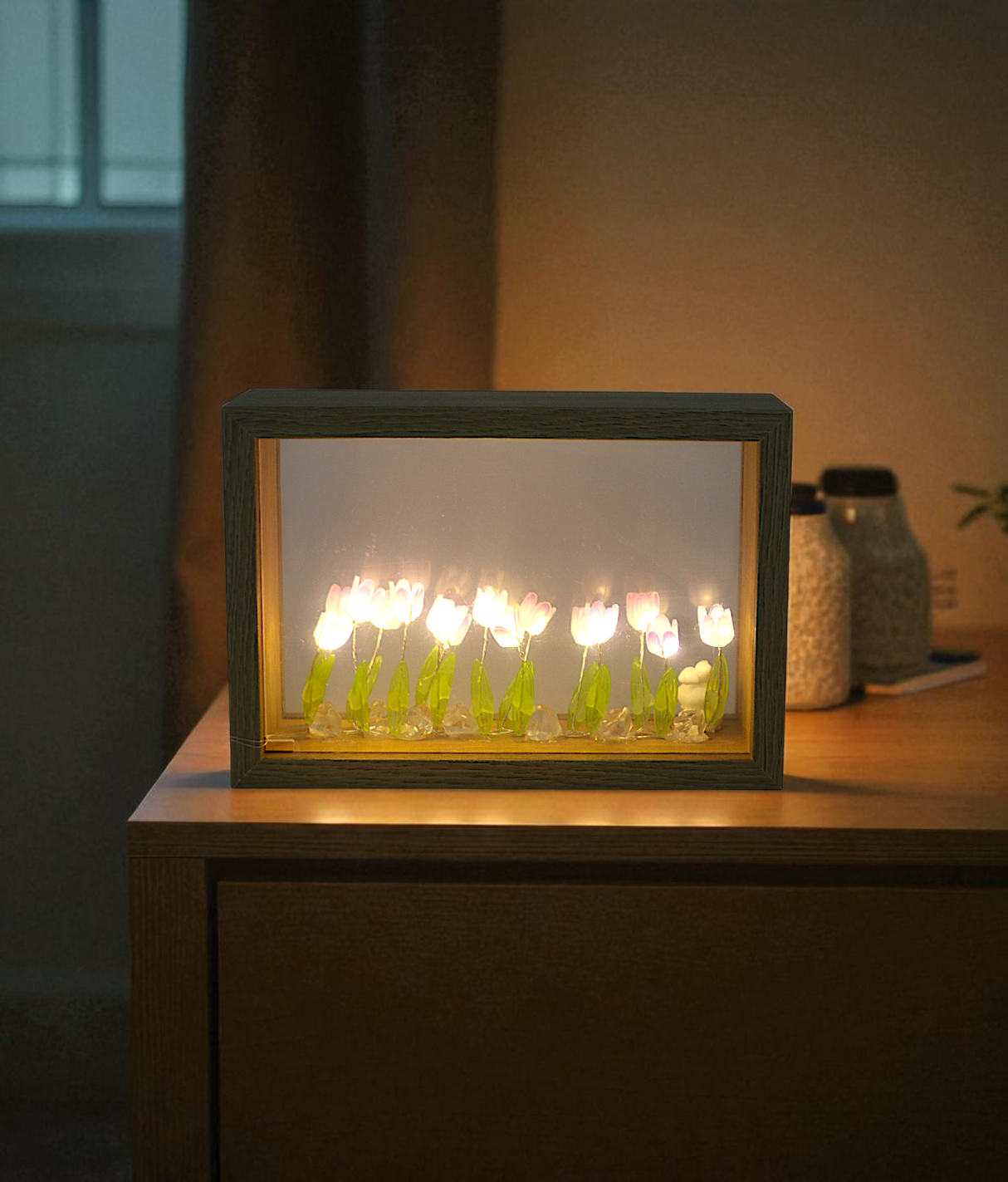 purple tulip flower light with wood frame china "4.7x7"