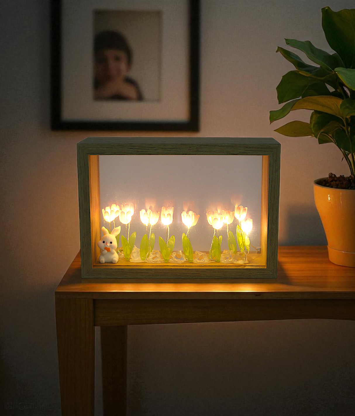 pink tulip flower light with wood frame china "4.7x7"